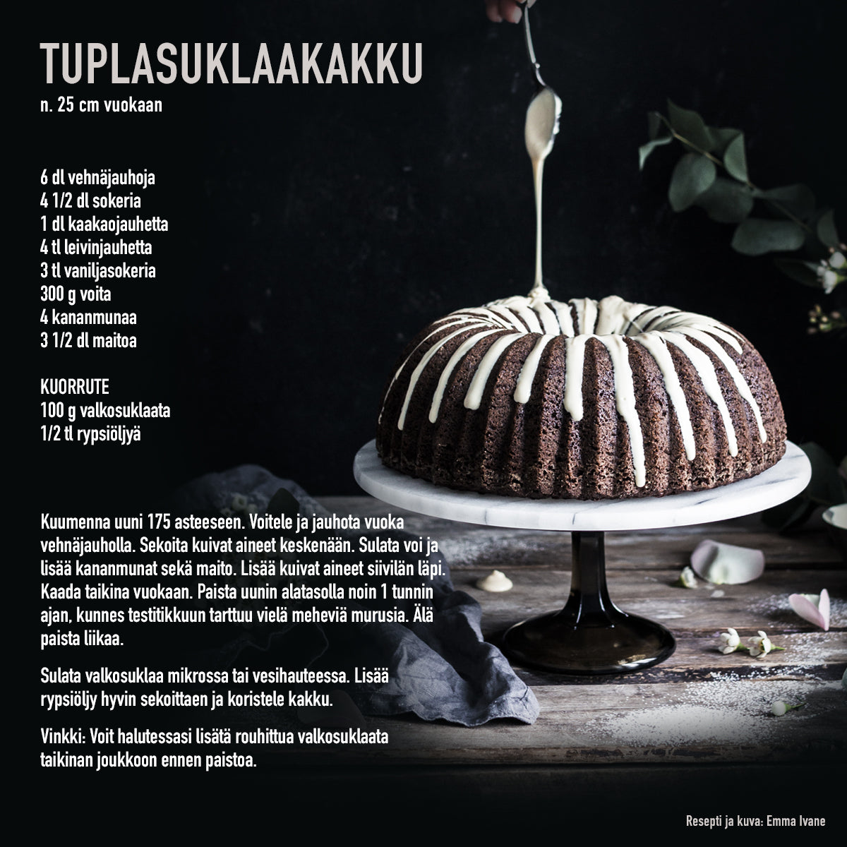 Valualumiinisella pinnoitetulla kakkuvualla valmistetun tuplasuklaa kakun resepti.