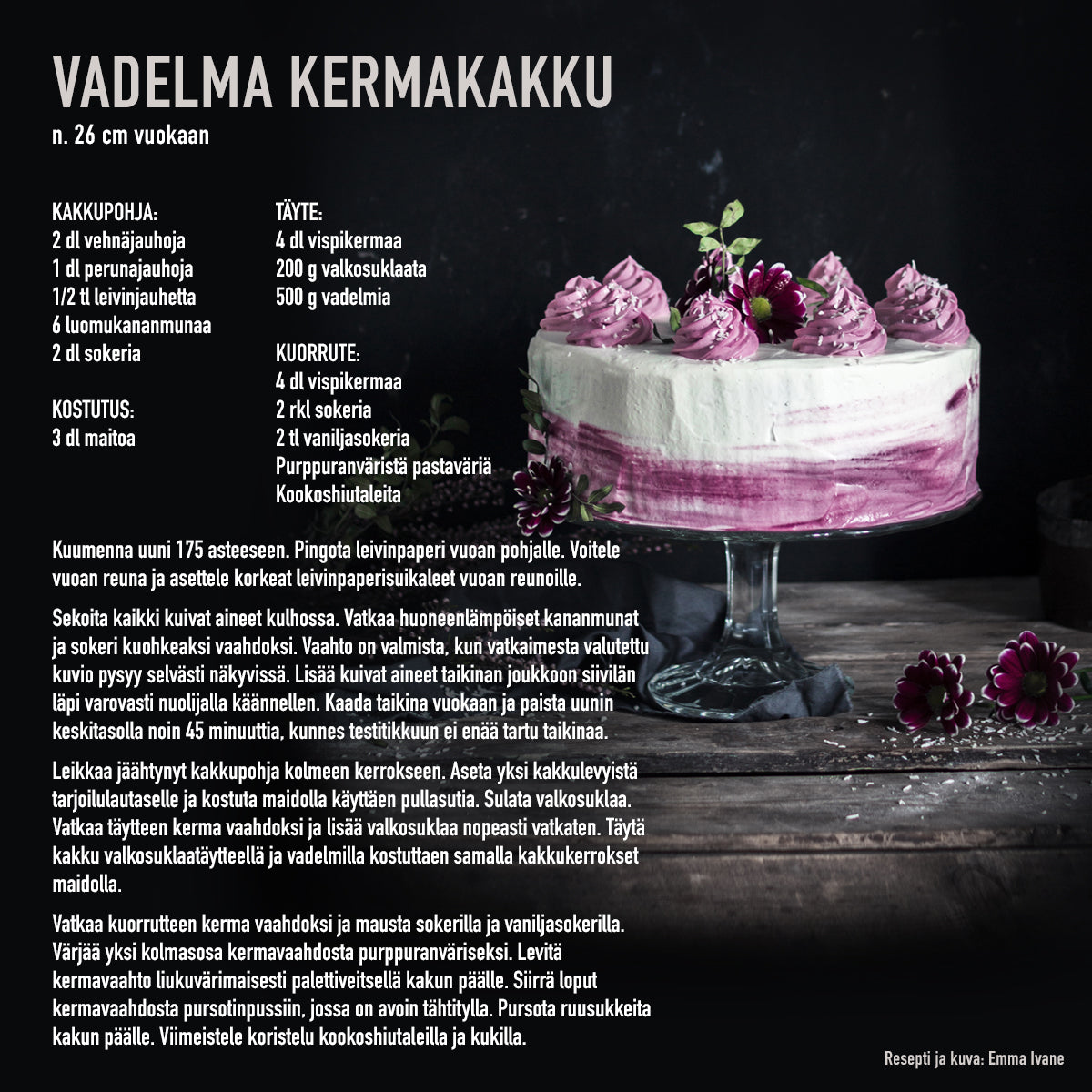 Shampanjan värisellä irtopohjavuoalla, jossa on valumareunat, valmistetun kakun resepti. 