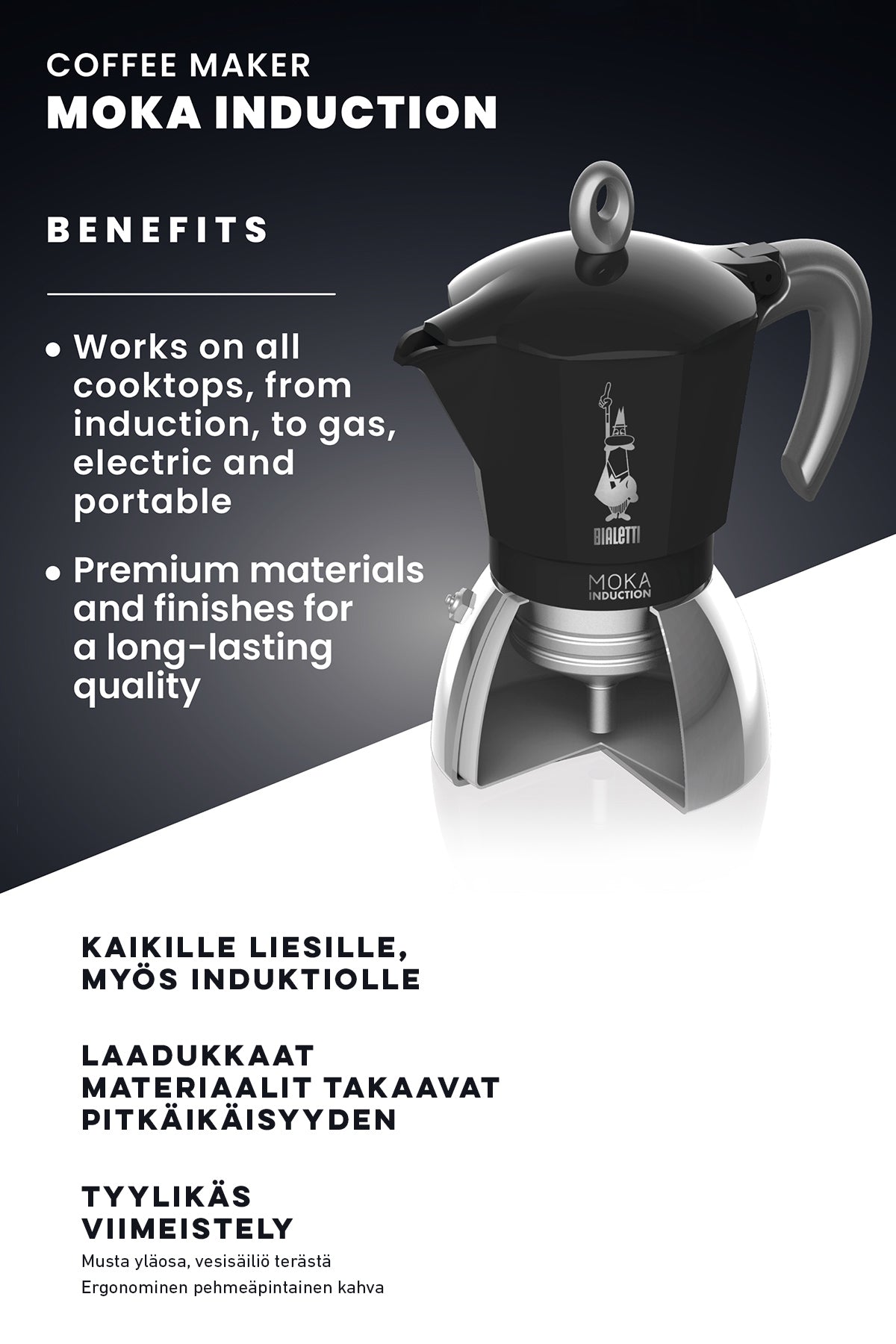 ESPRESSOKEITIN 6 k. Moka Induction Black 6 kuppi
