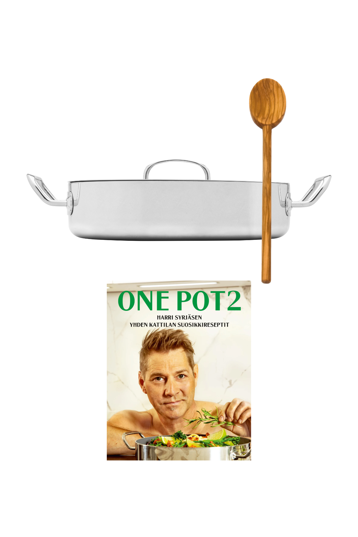 One pot set by Harri Syrjänen. The set includes a 100% non-toxic casserole pan, a olive wood spoon and the One pot 2 book by Harri Syrjänen.